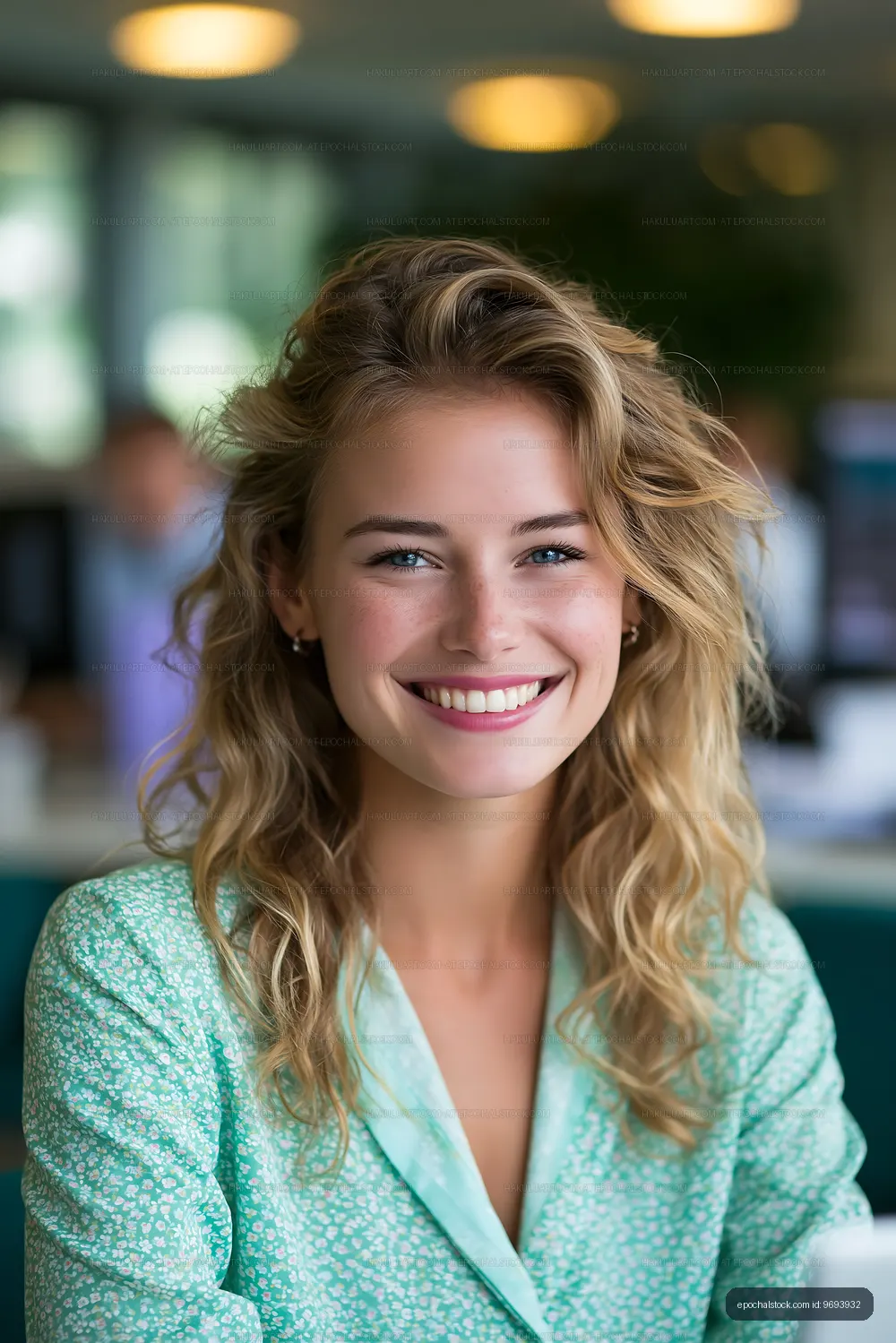 Woman smiling in a modern cafe with a bright atmosphere