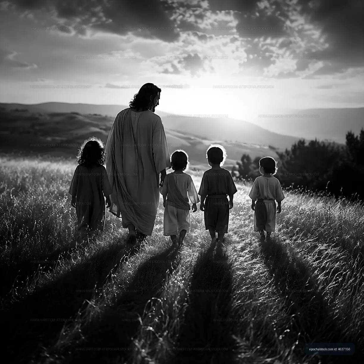 Walking in nature with children at sunset