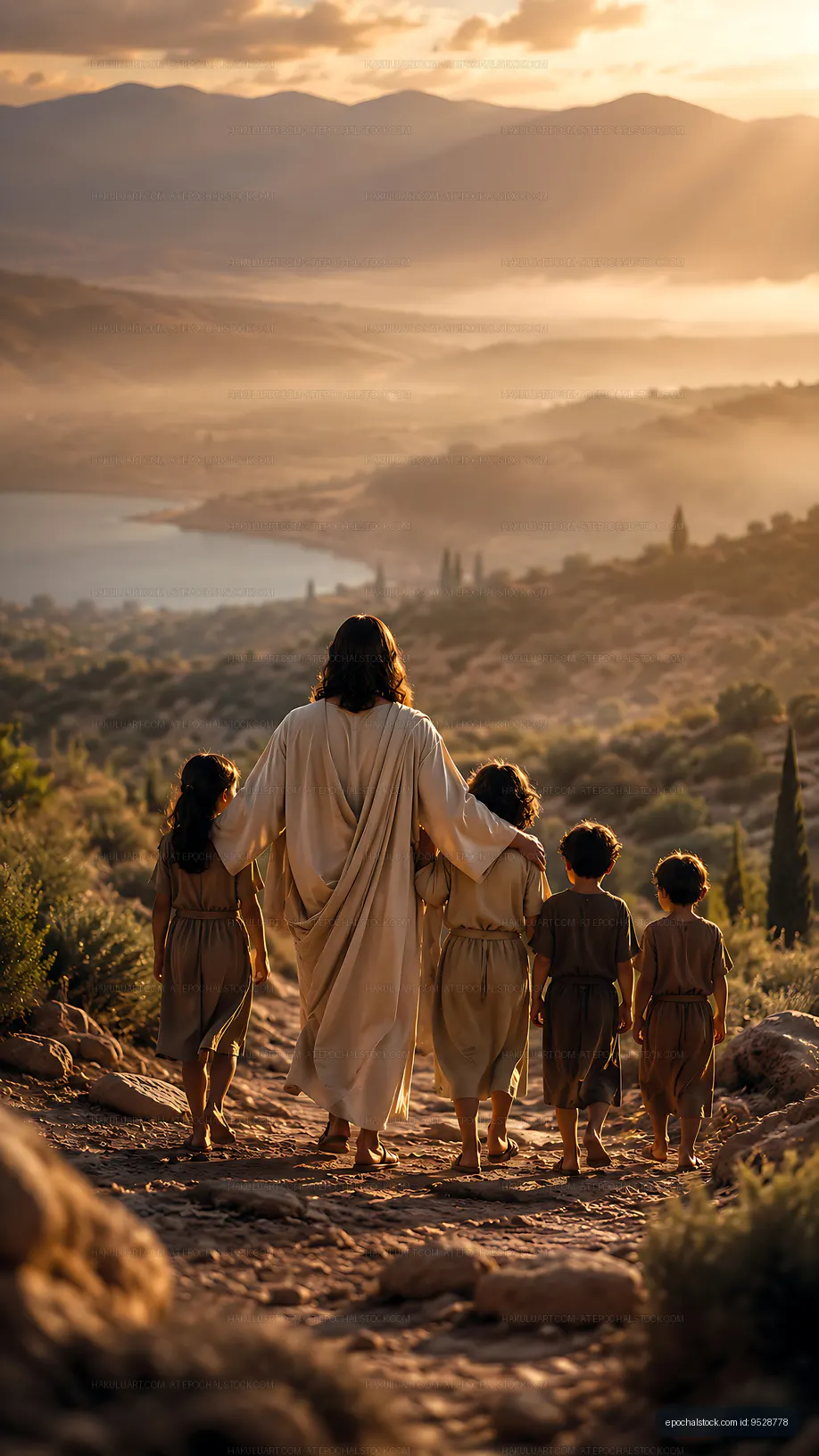 Walking along a path during sunset with children by the lake