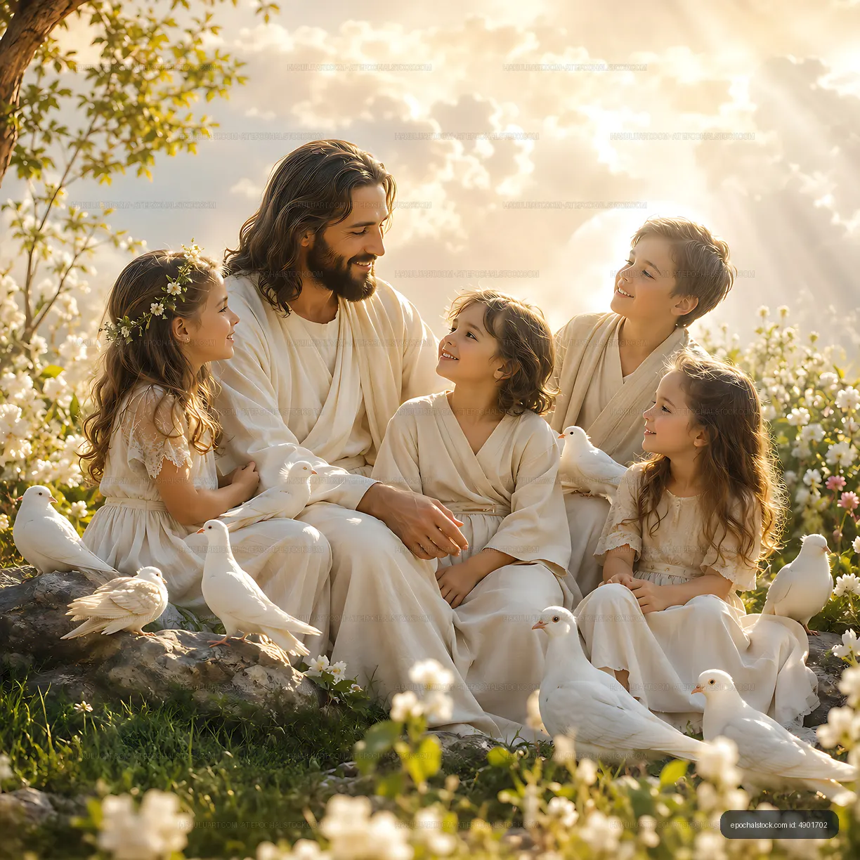 Group of children sitting with man in white robes among flowers