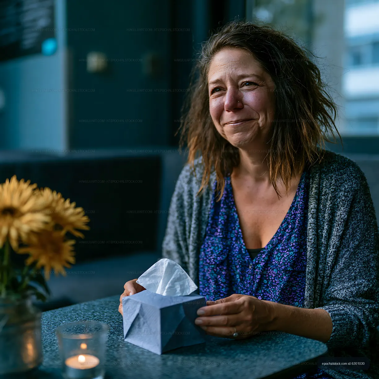 Woman sitting at a table with folded tissue in a cafe