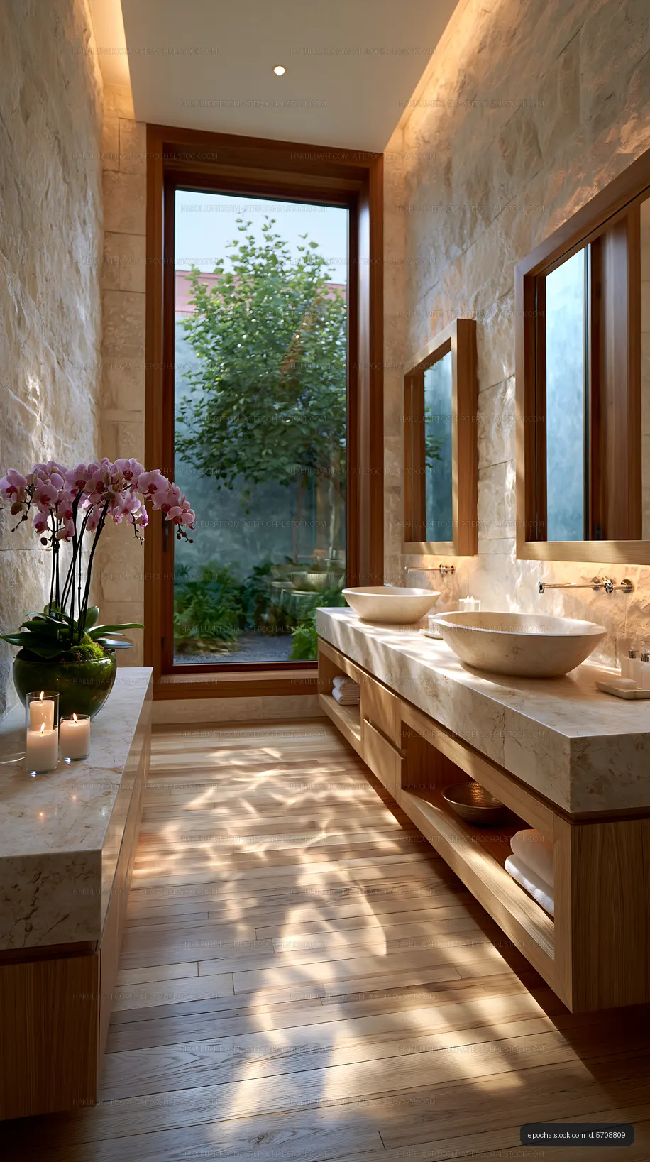 Modern bathroom with natural light and plants