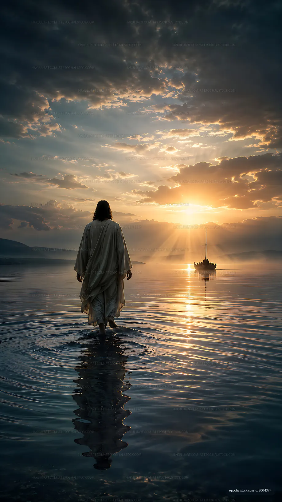 Man walking on water at sunset with boat in the background