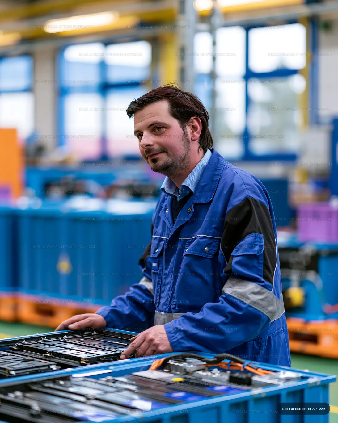 Worker assembling battery packs in a manufacturing facility