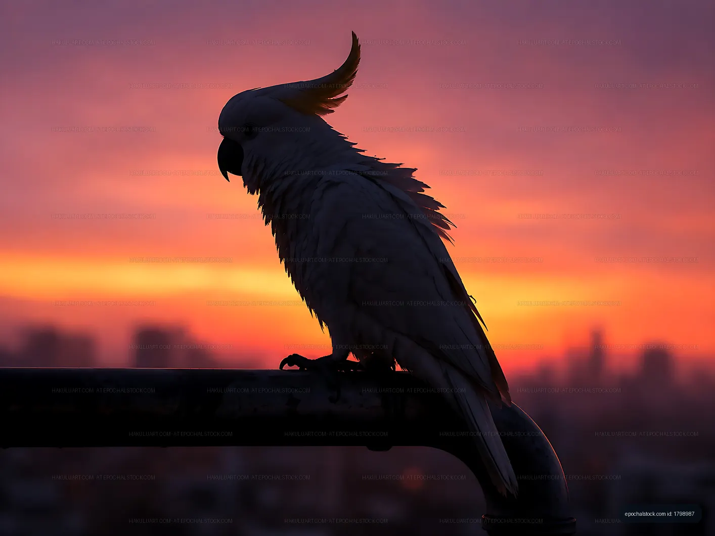 Bird silhouette on railing during sunset in urban setting