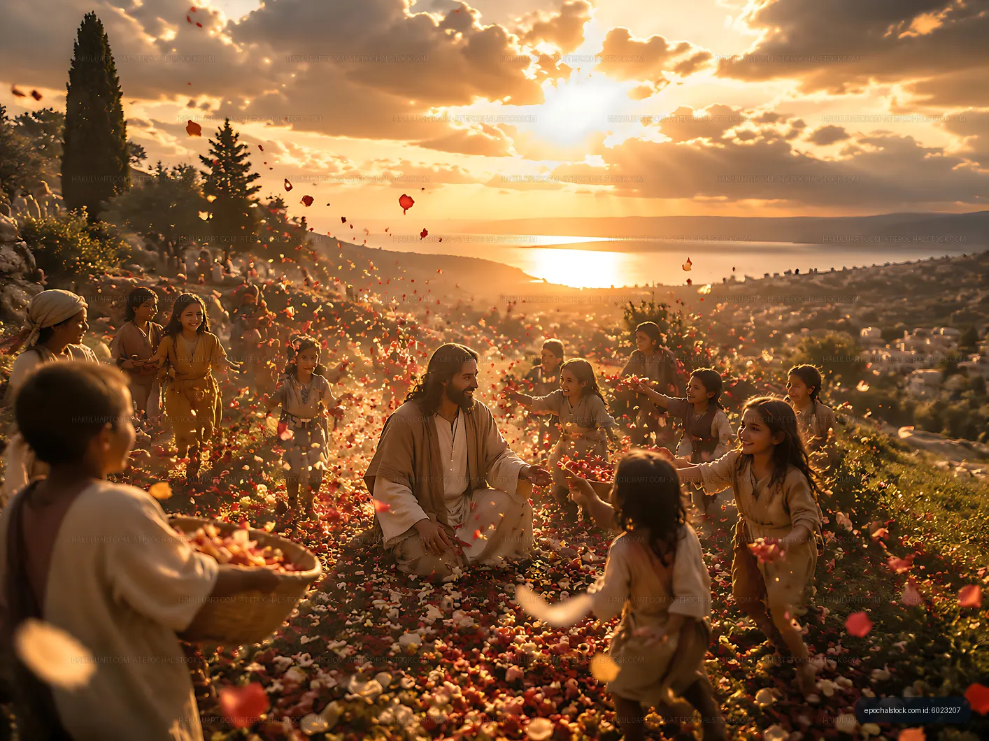 Jesus surrounded by children in a sunset scene with flowers