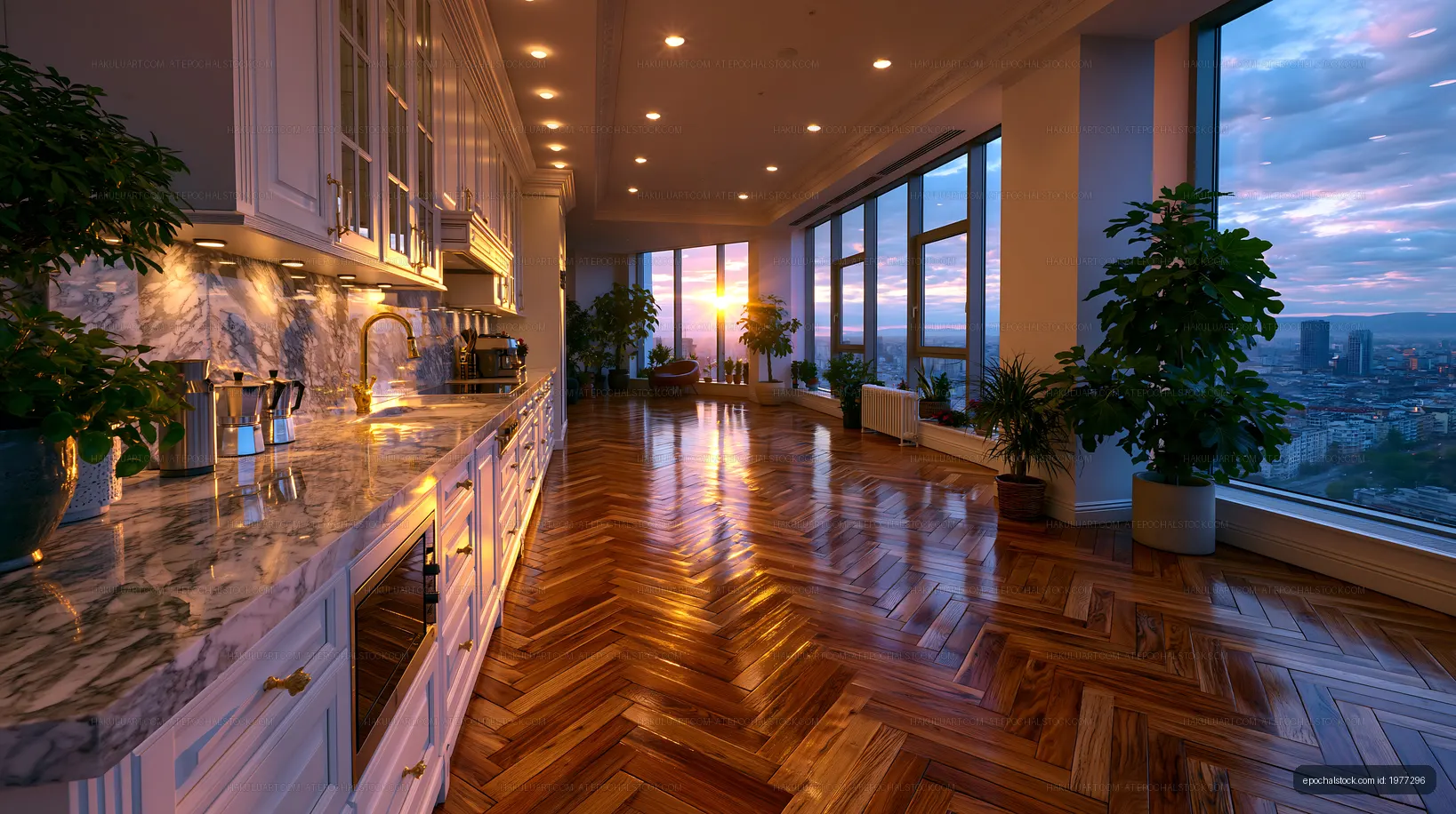 Modern kitchen with sunset view over city skyline