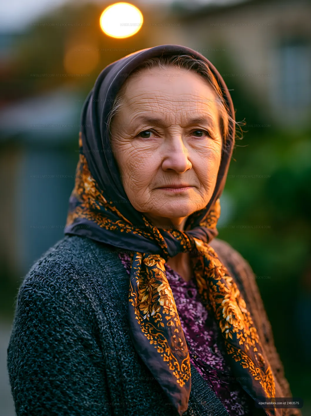 Elderly woman with a headscarf standing outside at dusk
