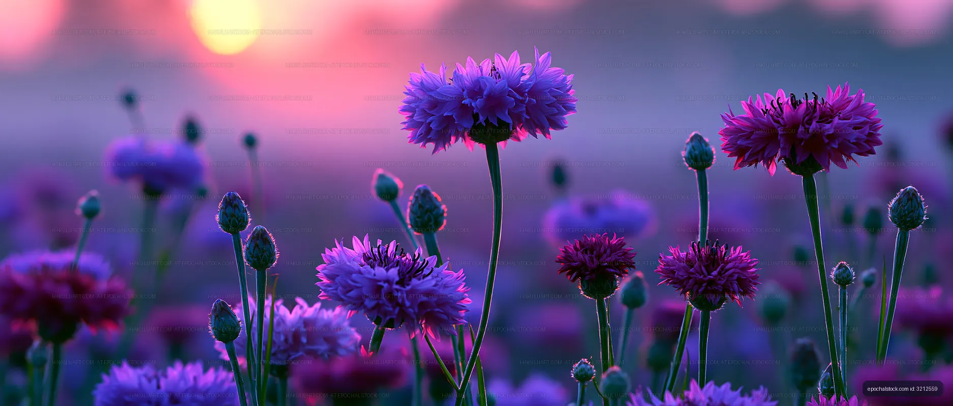 Vibrant flowers blooming at sunset in a colorful field