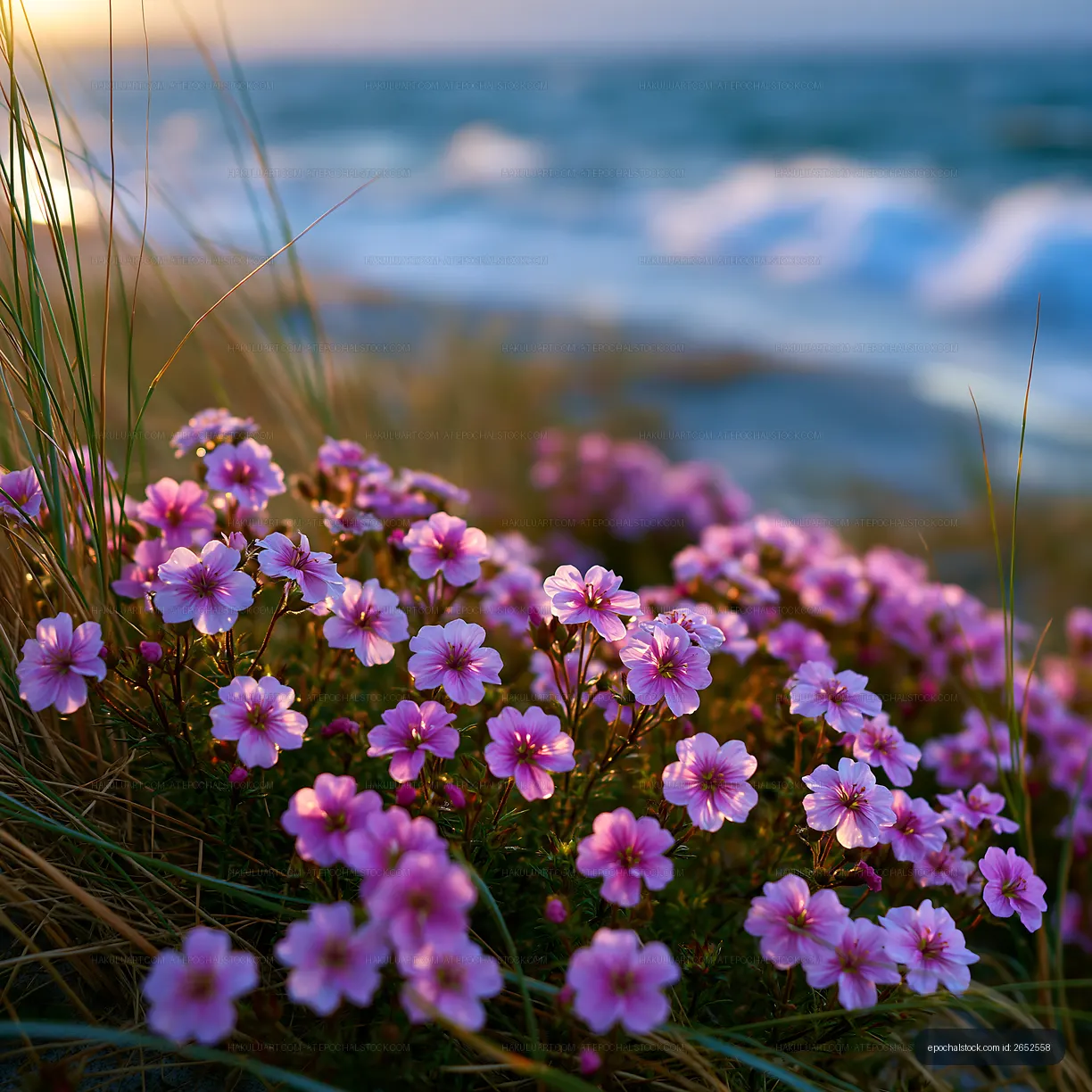 Flowers bloom by the shore with waves in the background