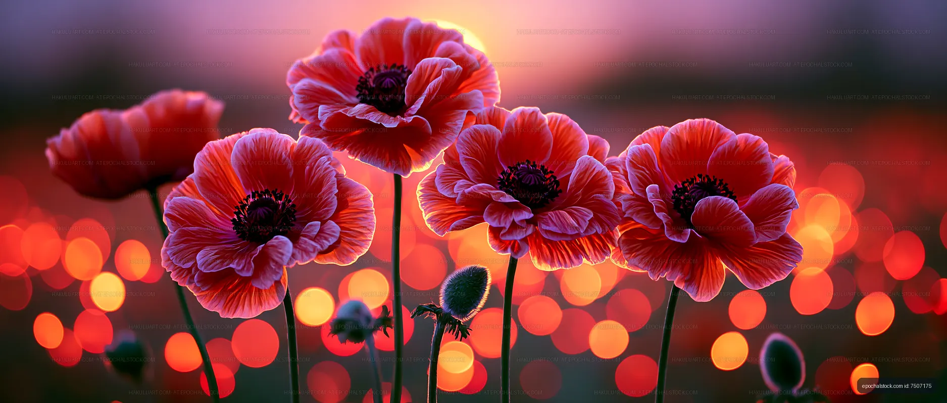 Red flowers bloom at sunset in a field