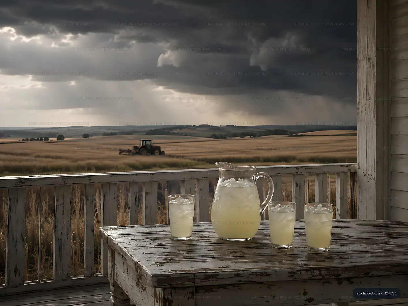 Refreshing drinks served on a wooden table with dark clouds above
