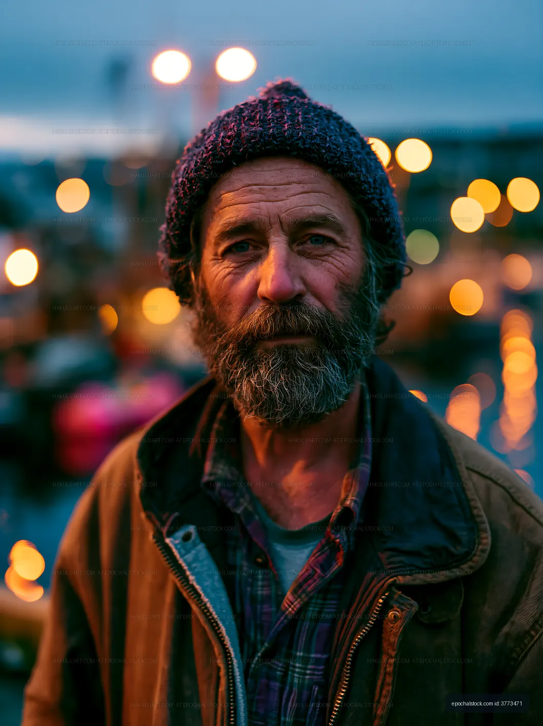 Man with a beard and hat at a harbor during evening hours