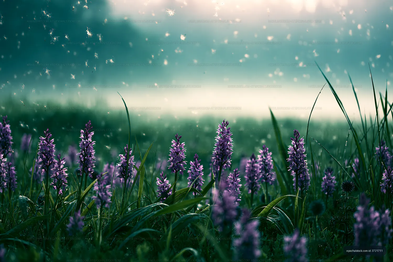 Purple flowers in a field during a misty morning