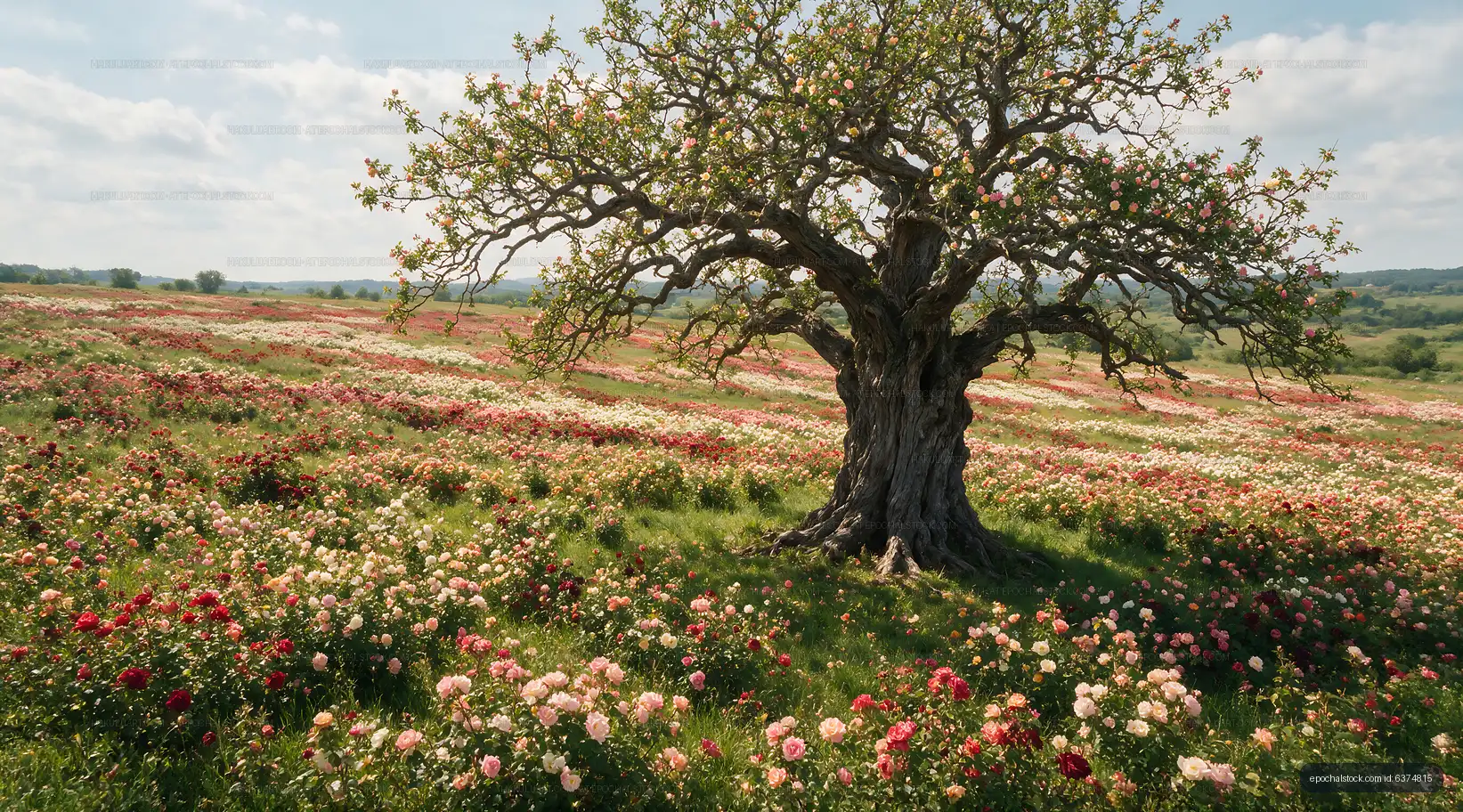 Flowering field and large tree under blue sky