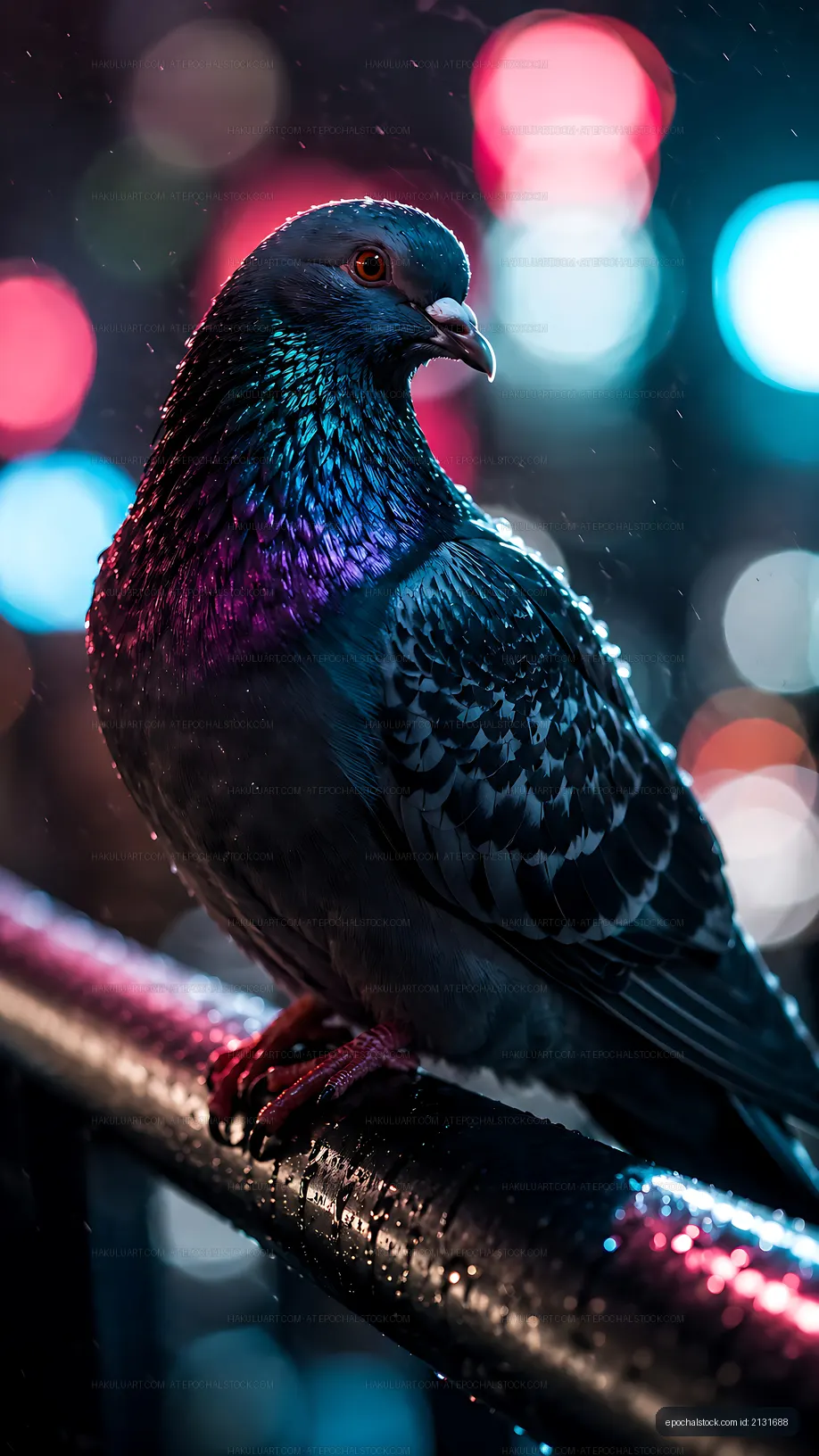 Pigeon perched on railing with city lights in the background
