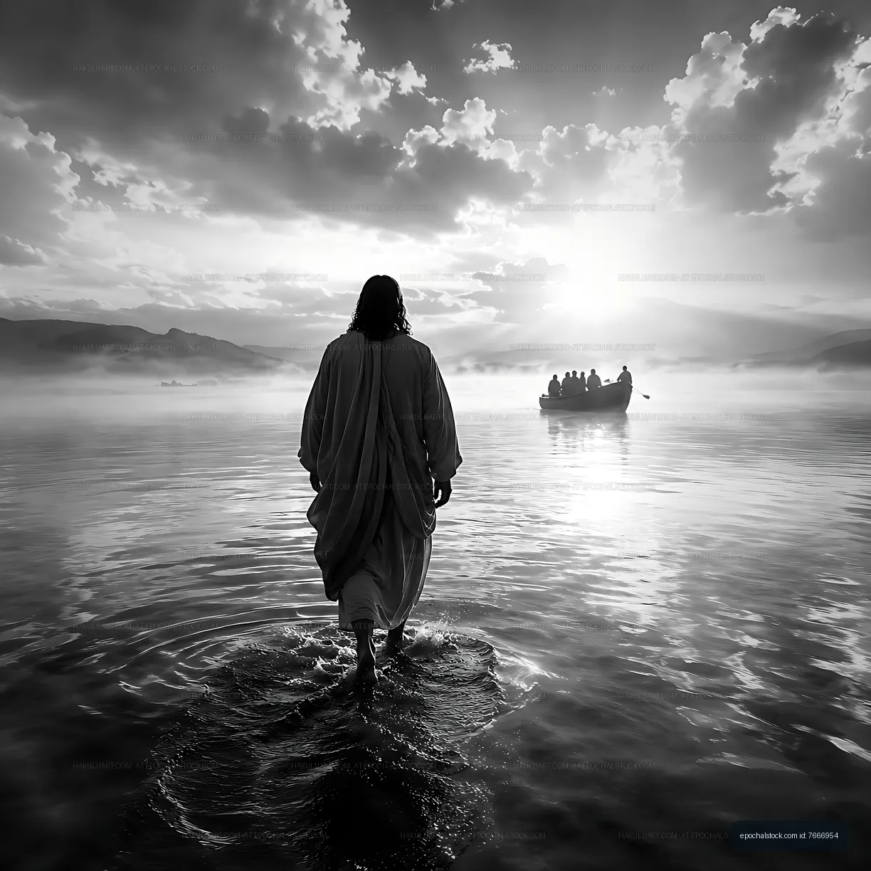 Person walking on water during sunrise near a boat