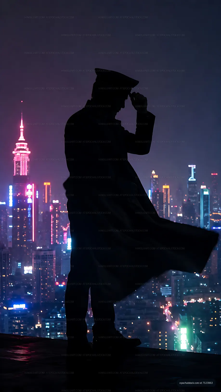 Silhouette of a figure against a colorful city skyline at night