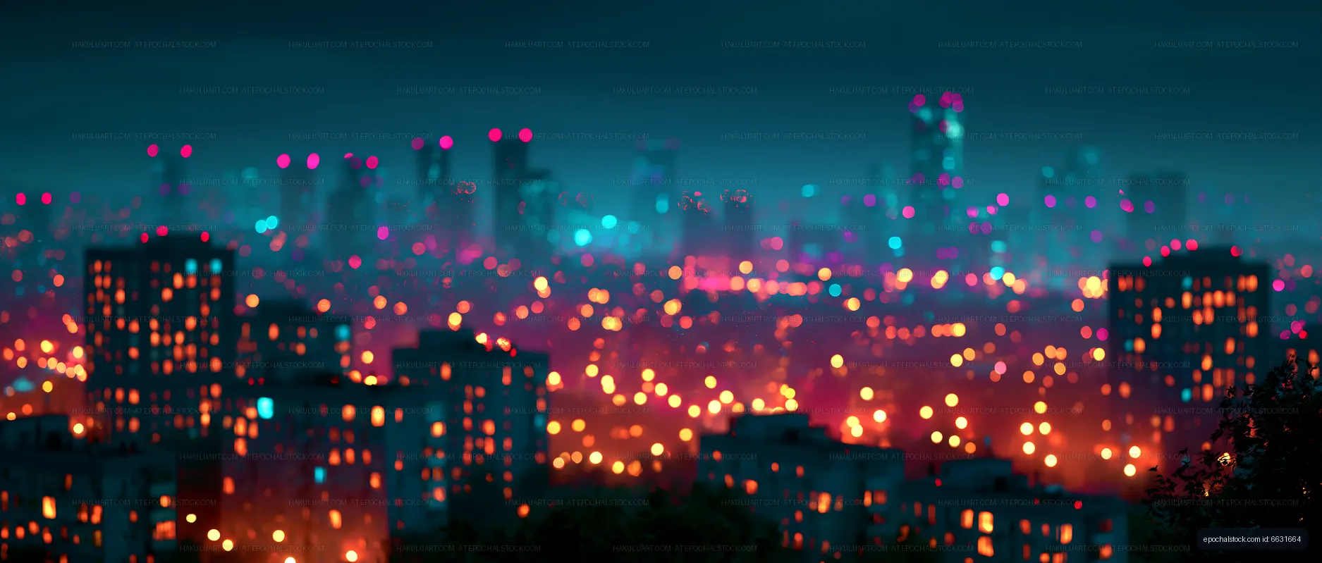 City skyline with colorful lights at night