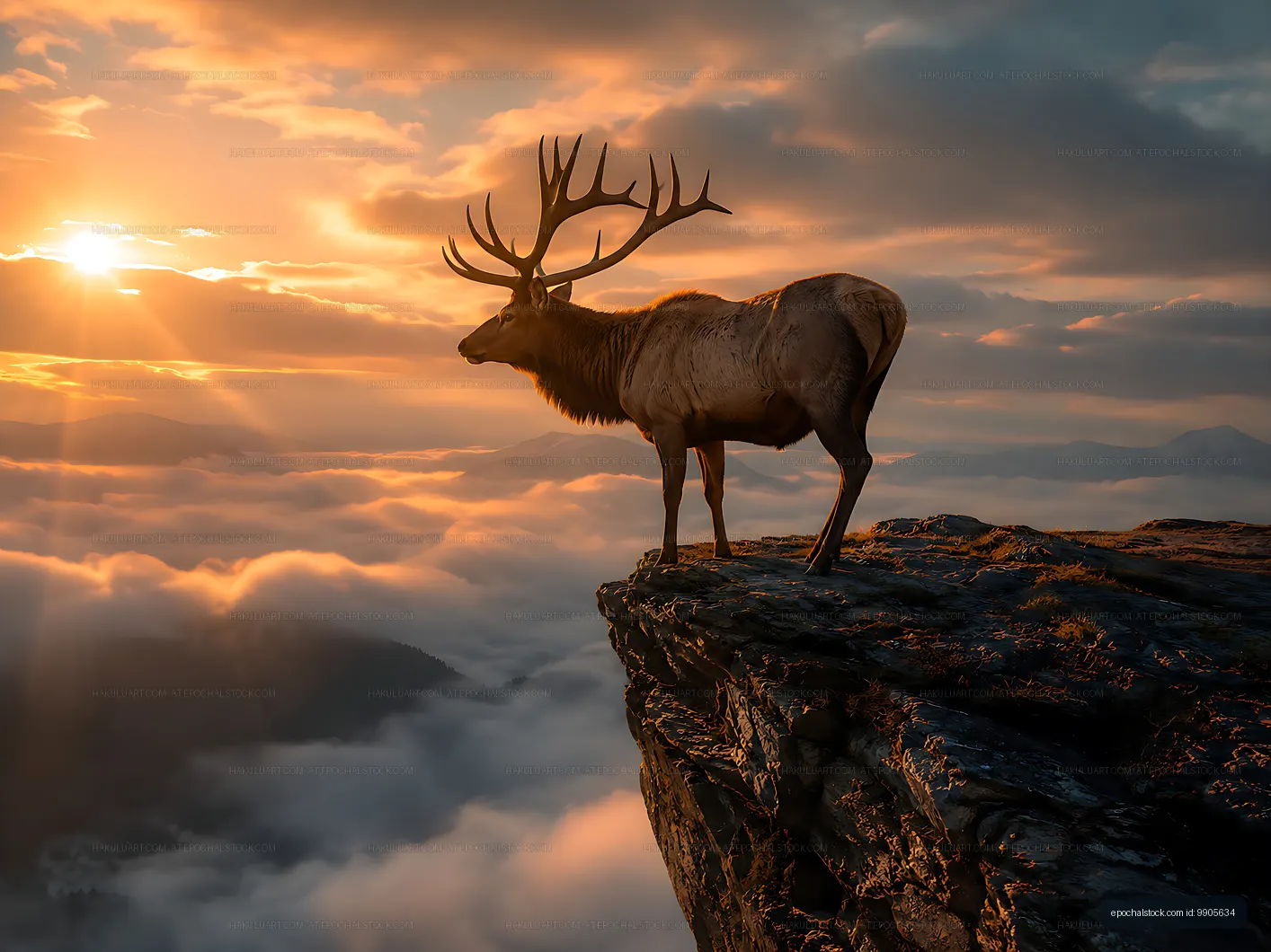 Stag standing on cliff during sunset above the clouds