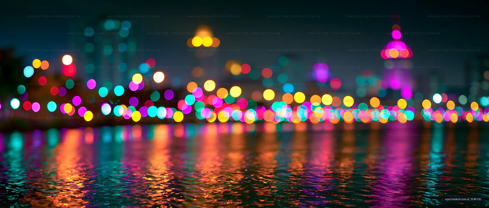 City lights reflected on water at night