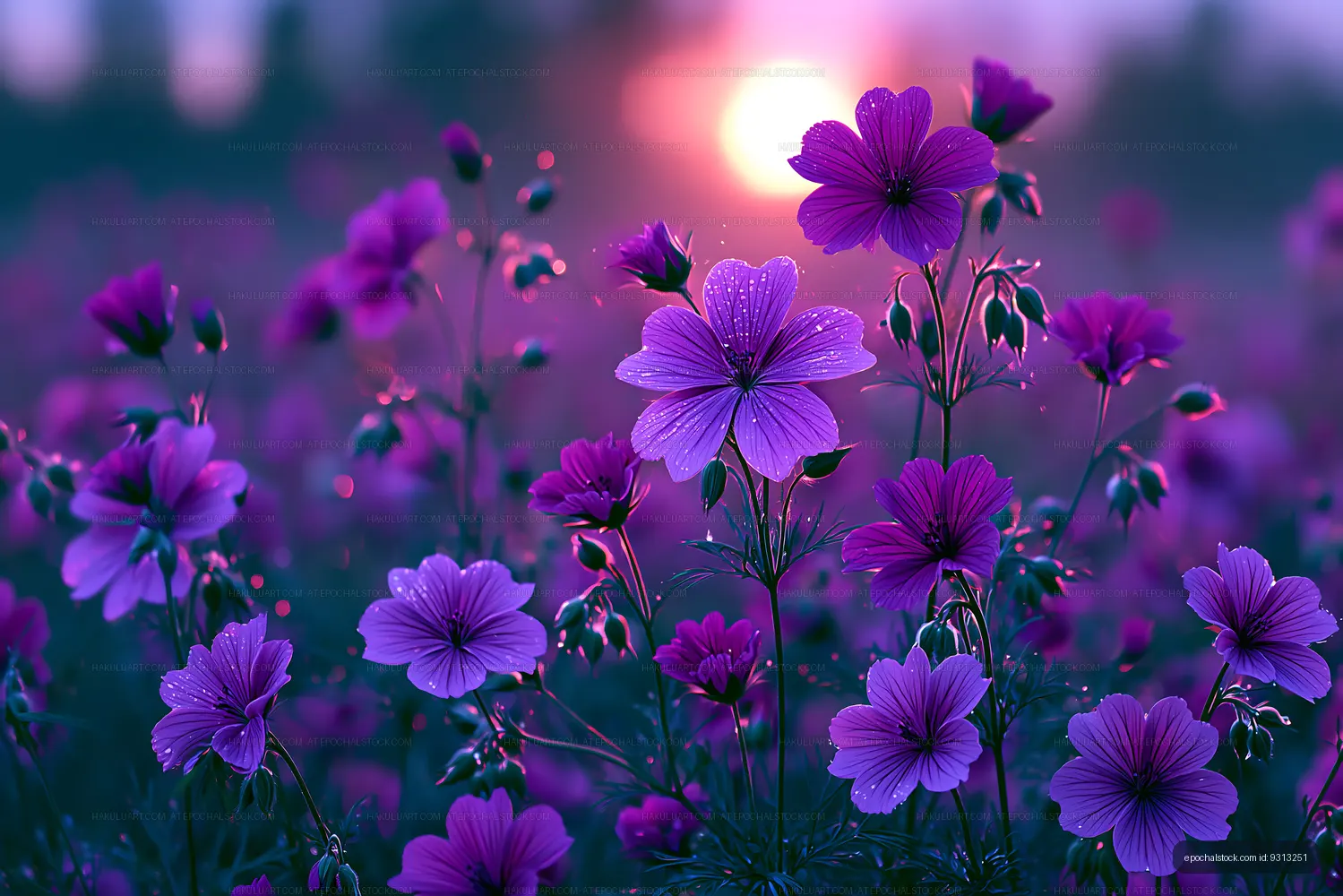 Purple flowers in a field during sunset