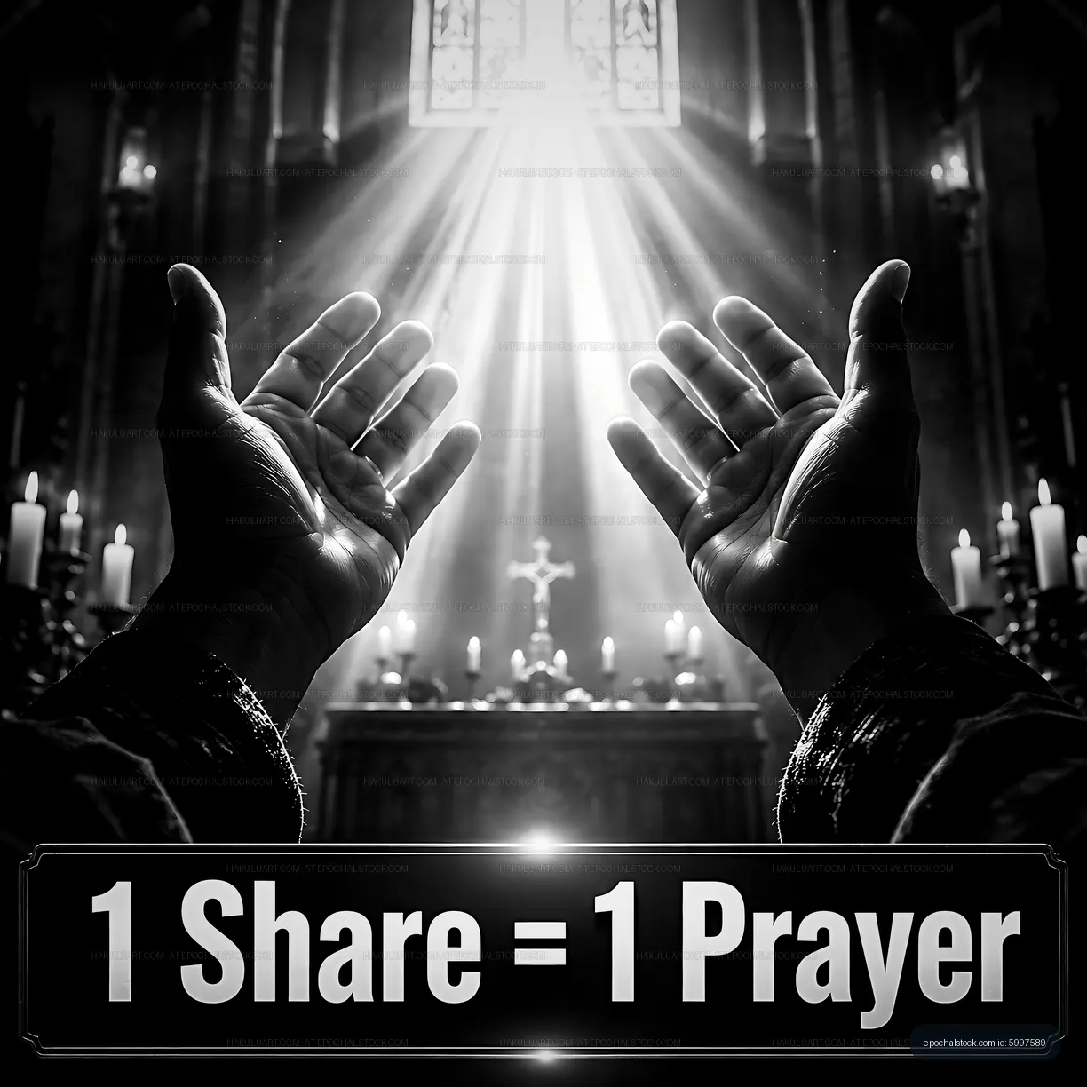 Hands raised in prayer with church light rays shining through