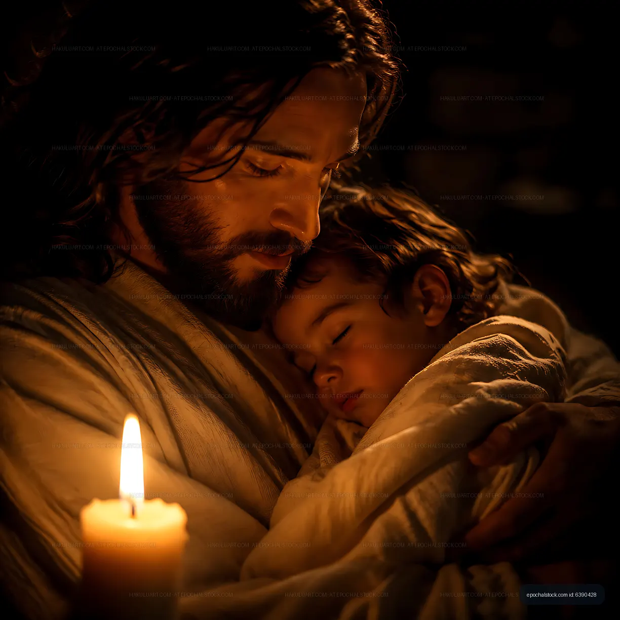 Father holds sleeping child by candlelight