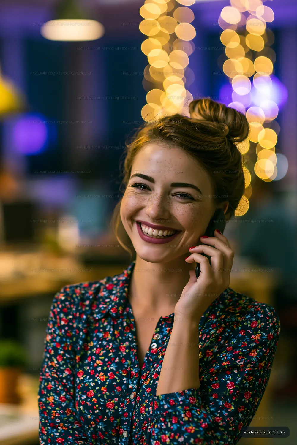 Woman talking on phone with lights in background