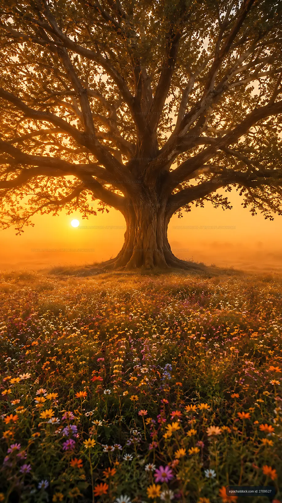 Sunrise behind large tree with flowers in meadow