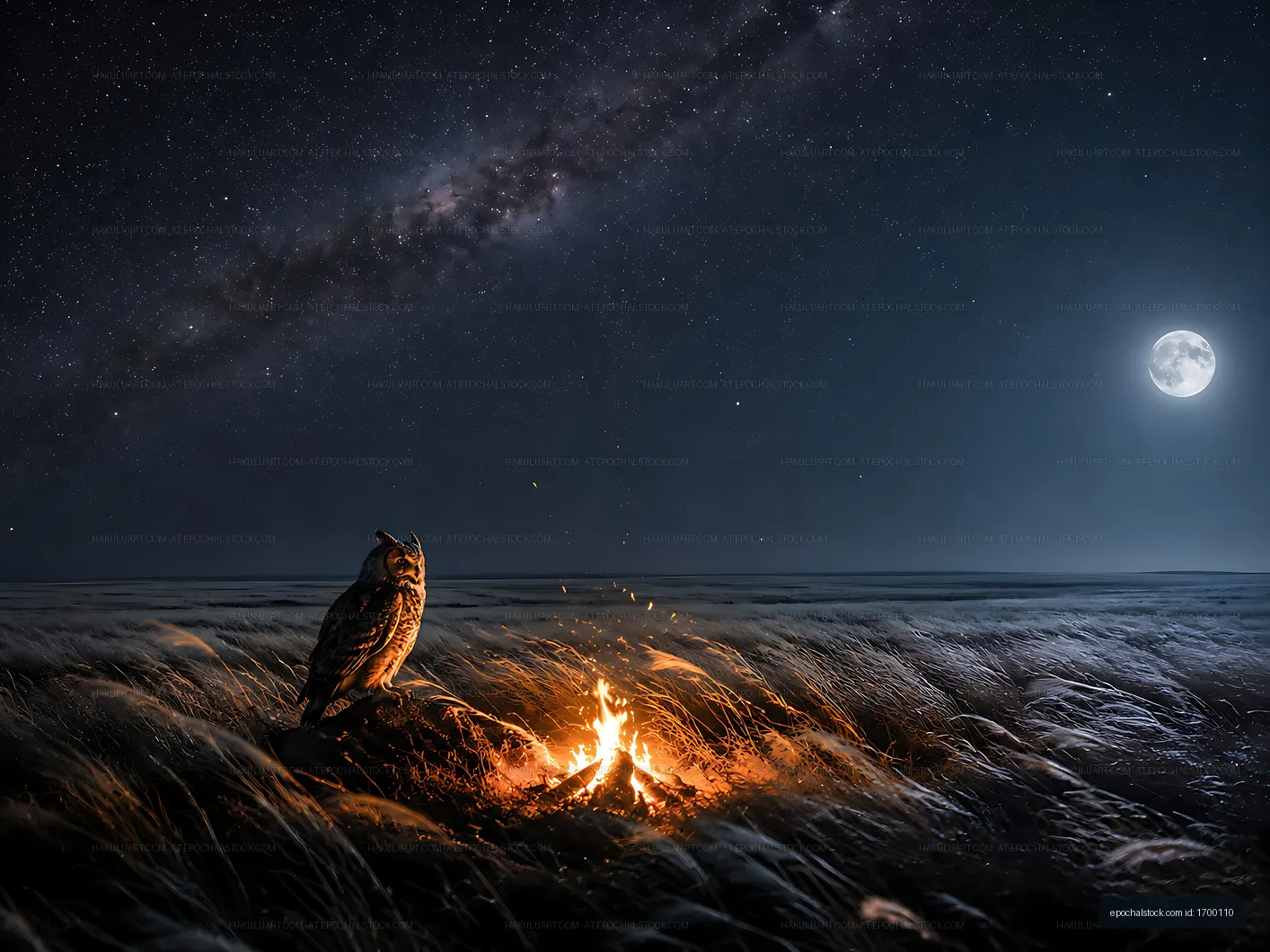 Owl perched near a small fire under the night sky