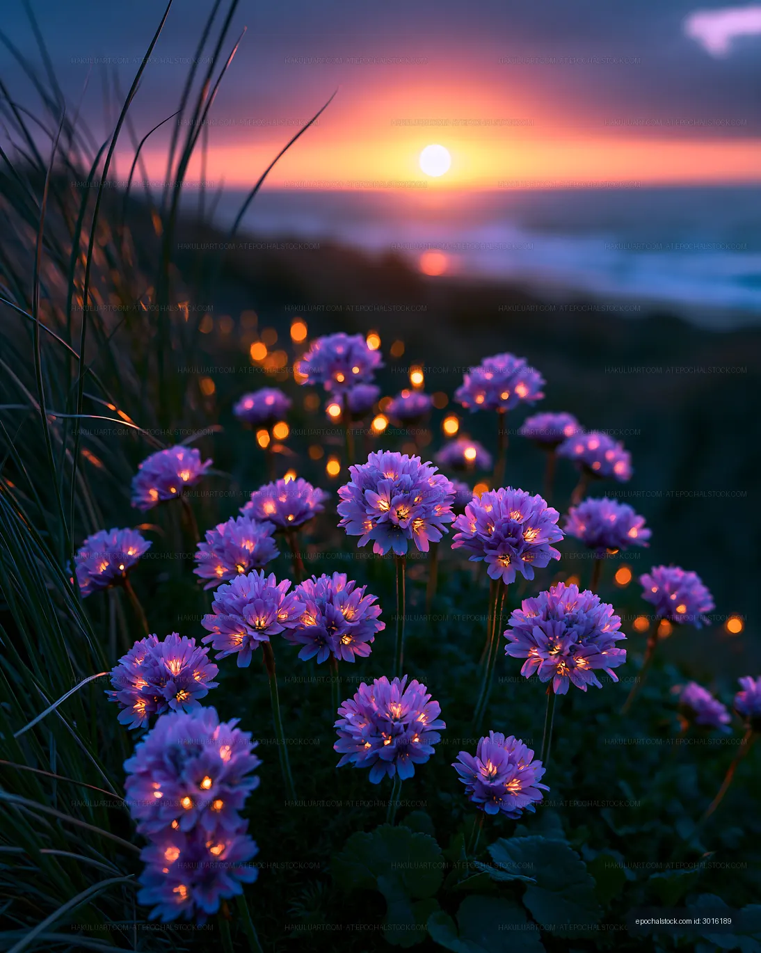 Flowers in a field during sunset by the ocean
