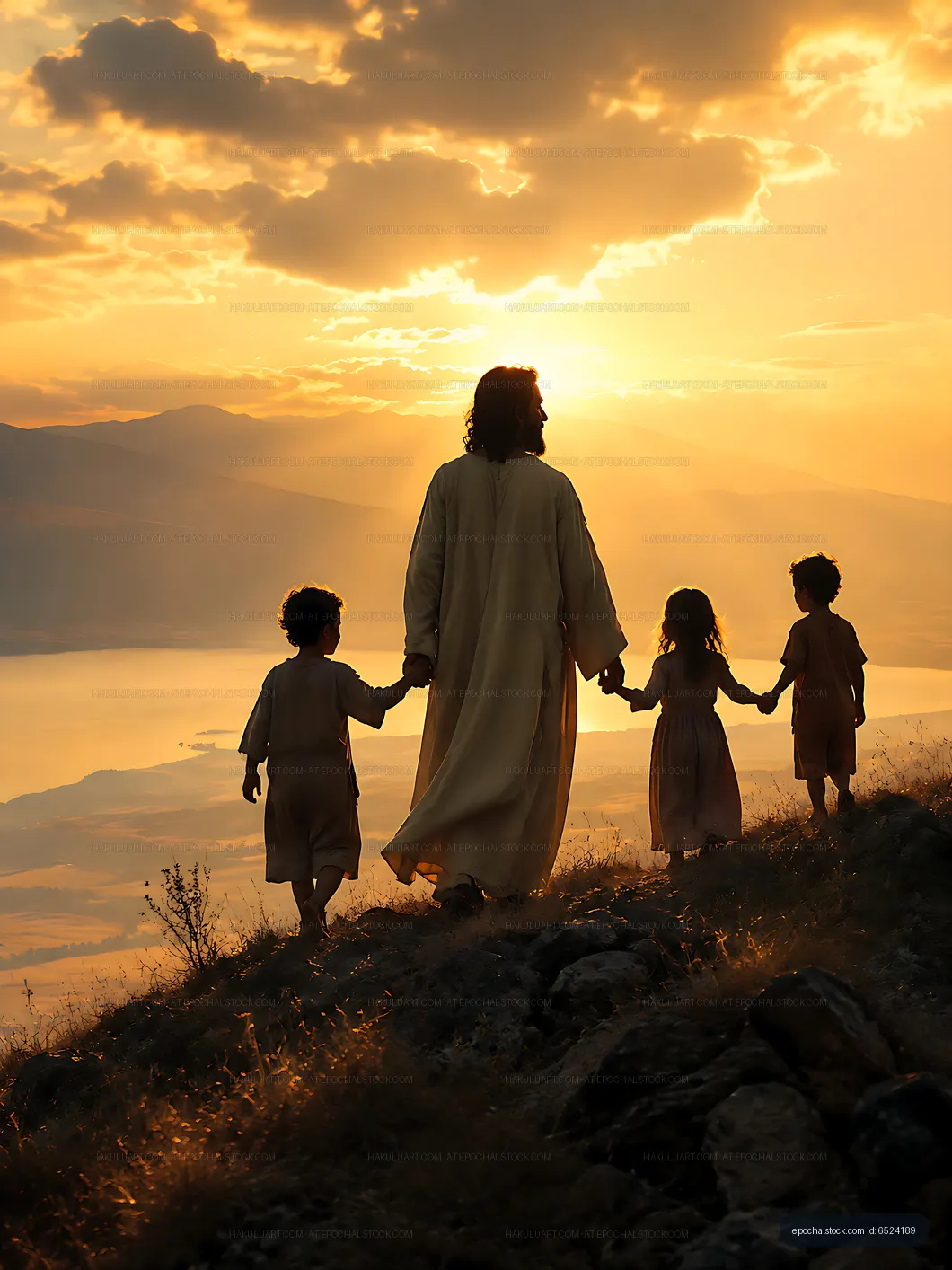 Group of children walking with a figure at sunset in the mountains