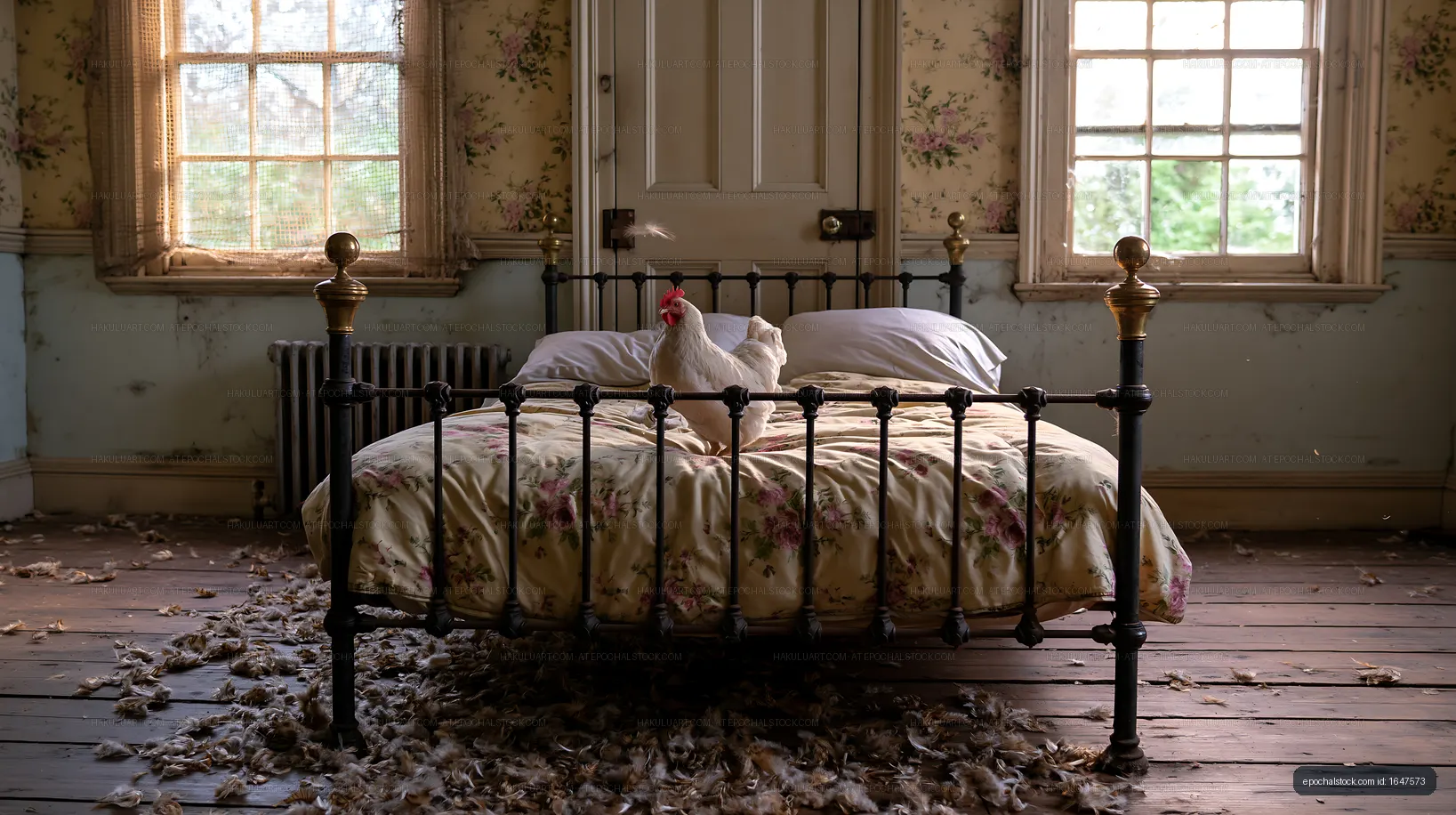 Chicken on bed in old room with feathers on the floor