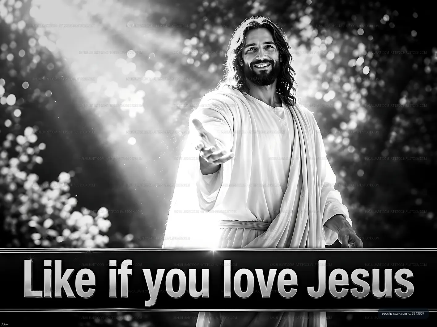 Man in white robe reaching out in forest with biblical message