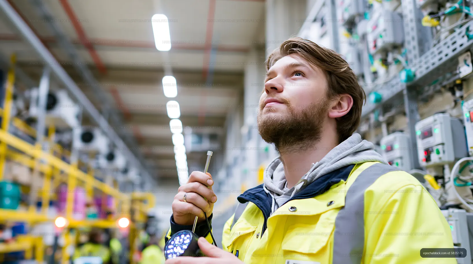 Worker inspecting equipment in a large industrial setting