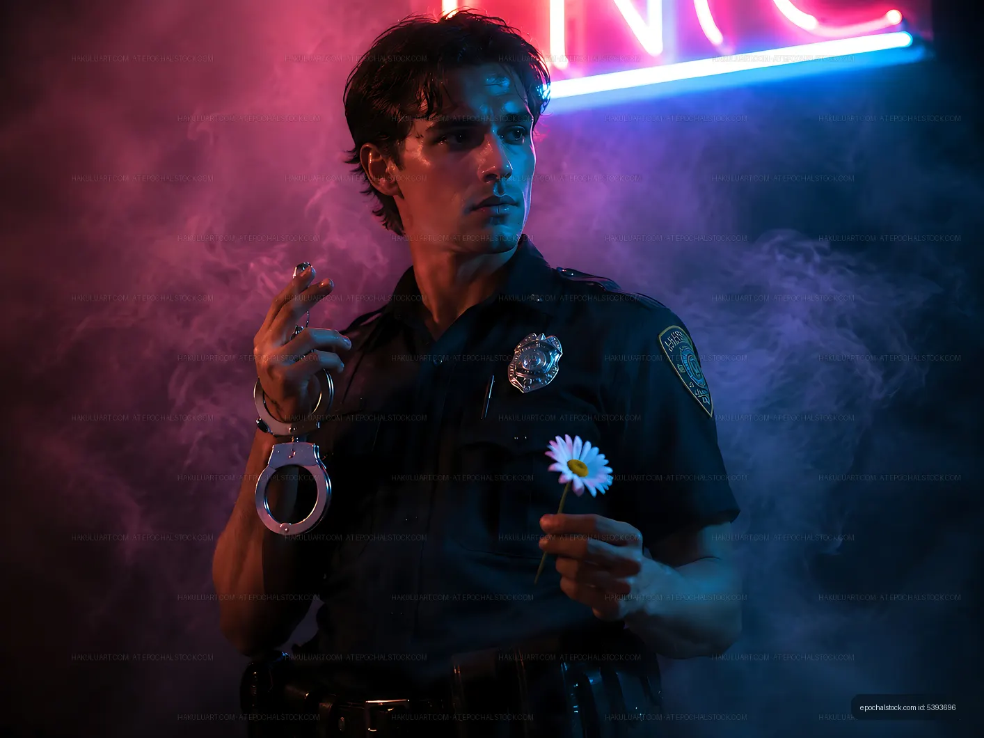 Police officer holding flower with handcuffs in neon lighting