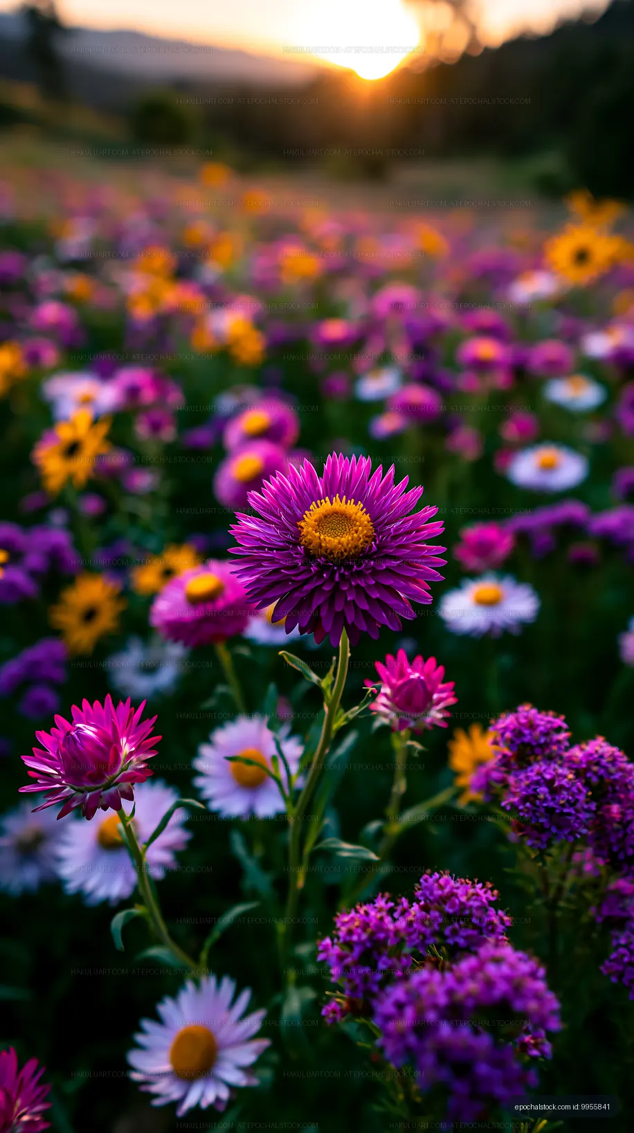 Colorful wildflowers blooming at sunset