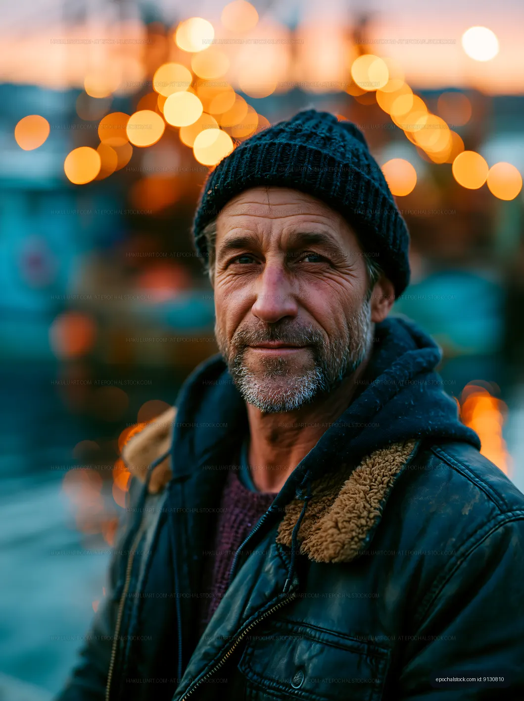 Man standing by water with warm lights in the background