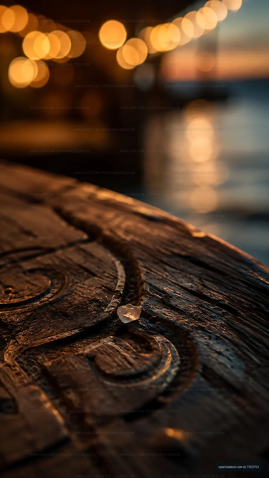 Sunset views over a wooden table with blurred lights reflecting