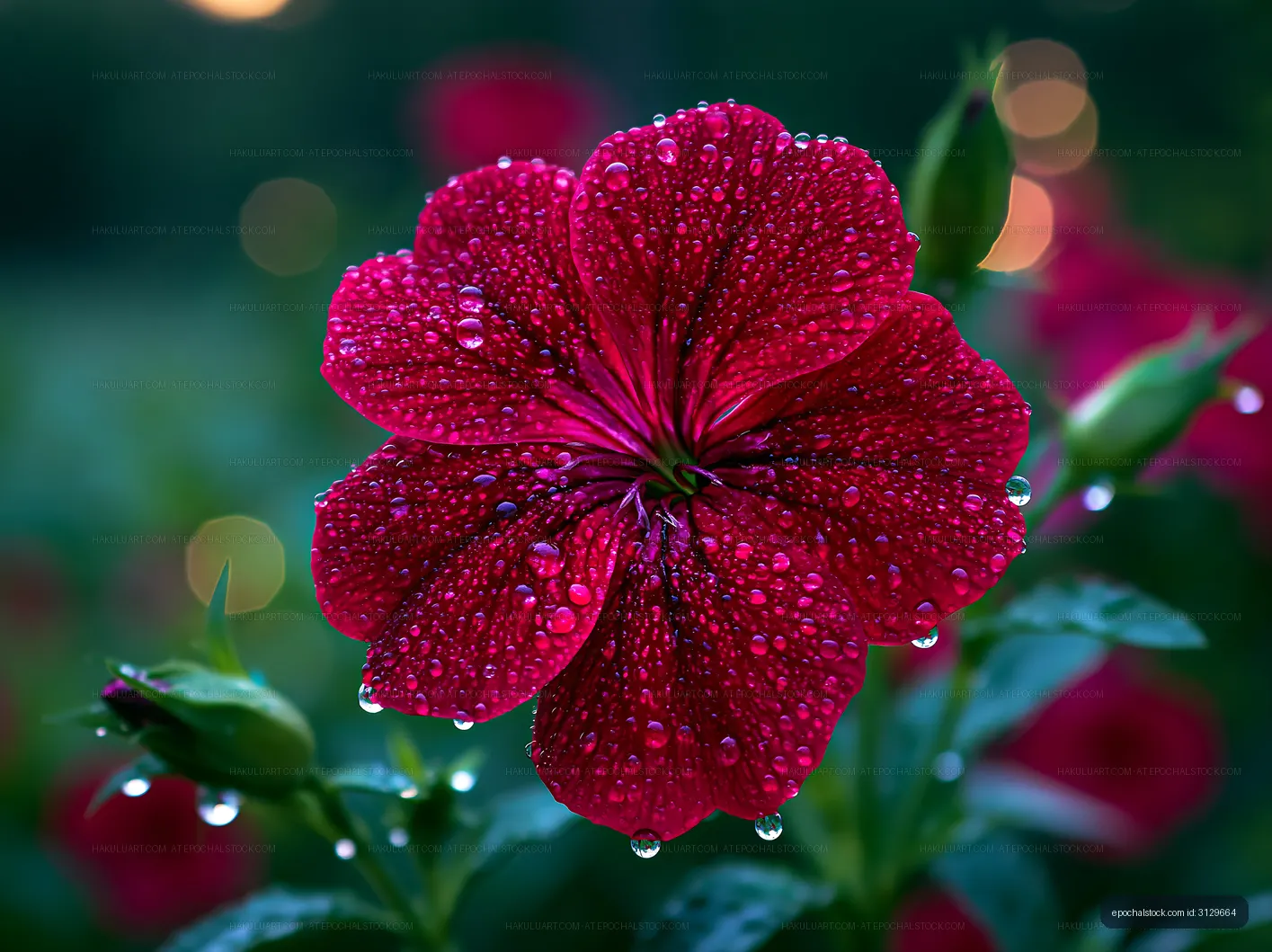 Bright red flower with dew drops in a garden setting