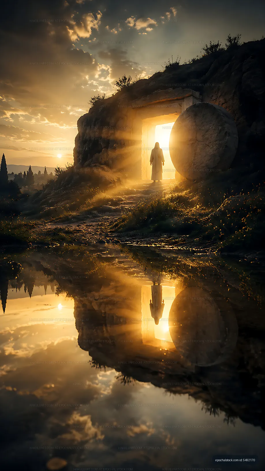 Sunrise at an ancient stone entrance with reflection in water