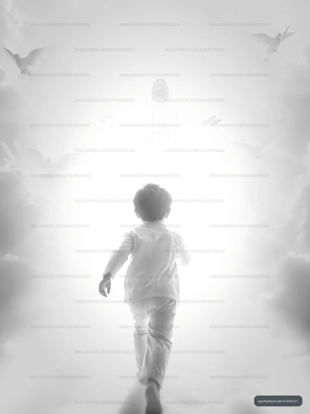 Child walking towards light with figure in clouds