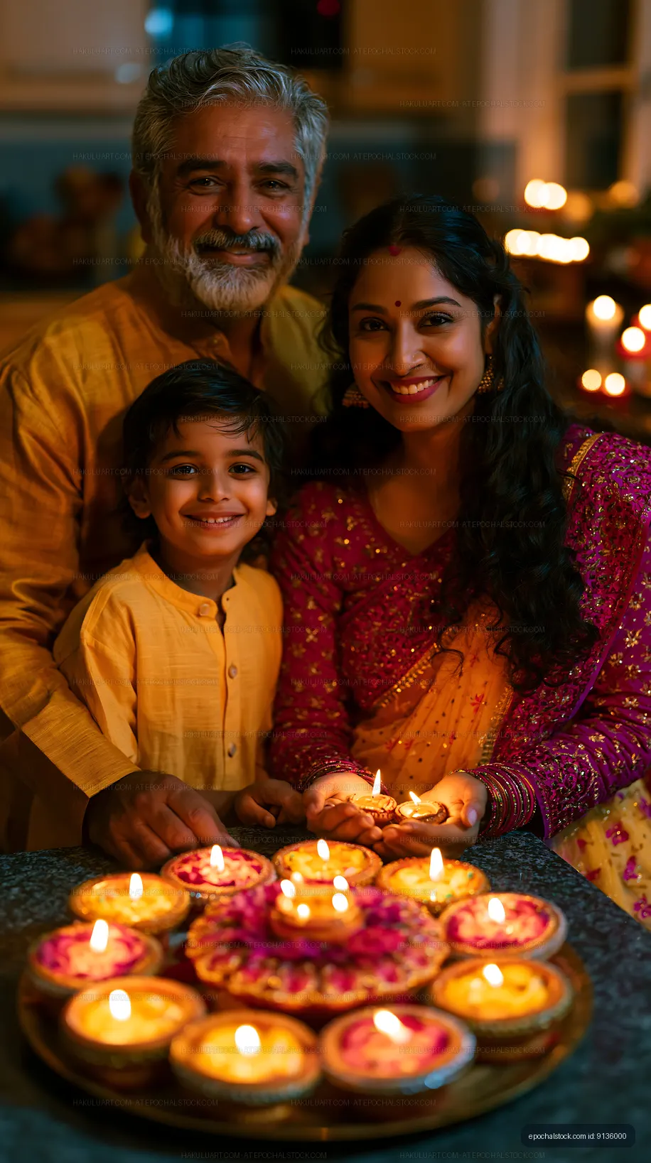 Family celebrating festival with candles and sweets