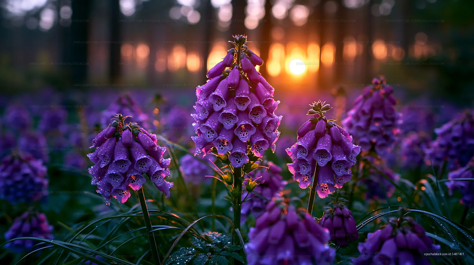 Purple flowers in sunlight shining through the trees at sunset