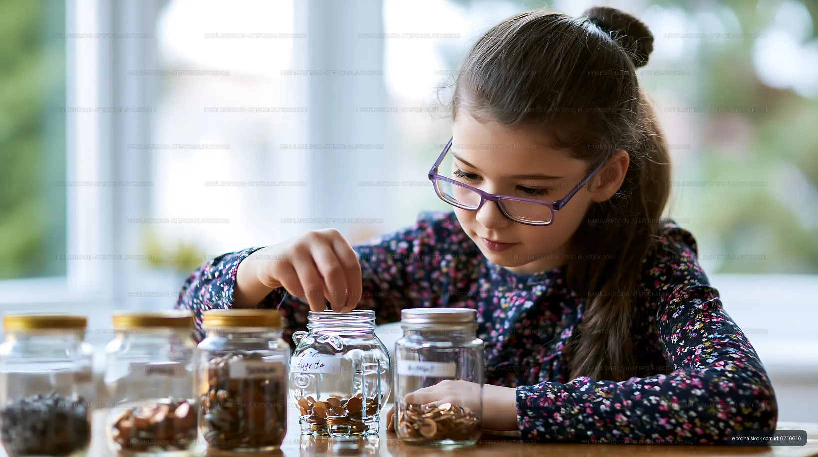 Girl sorting coins into jars at home