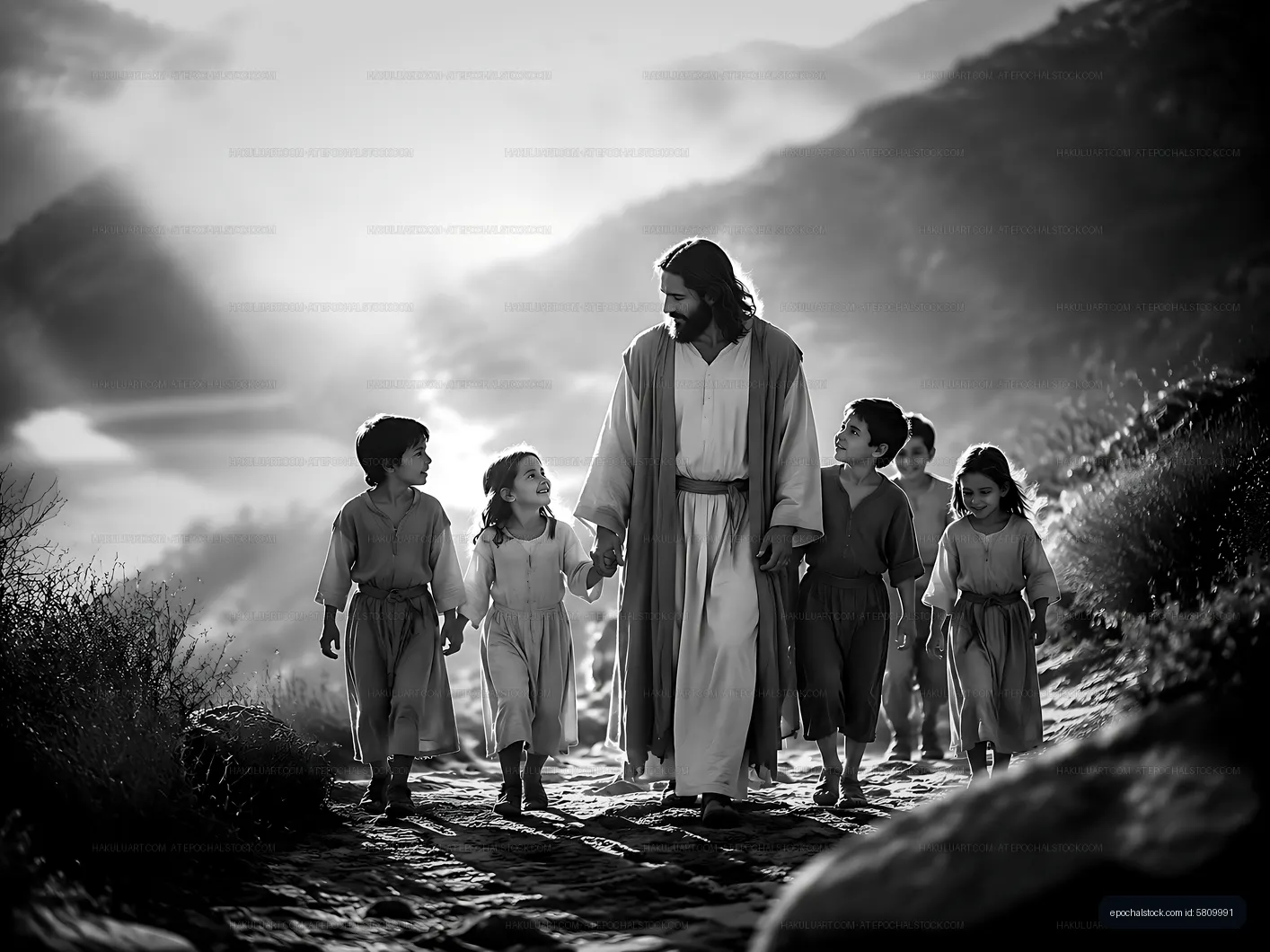 Walking together along the path with children