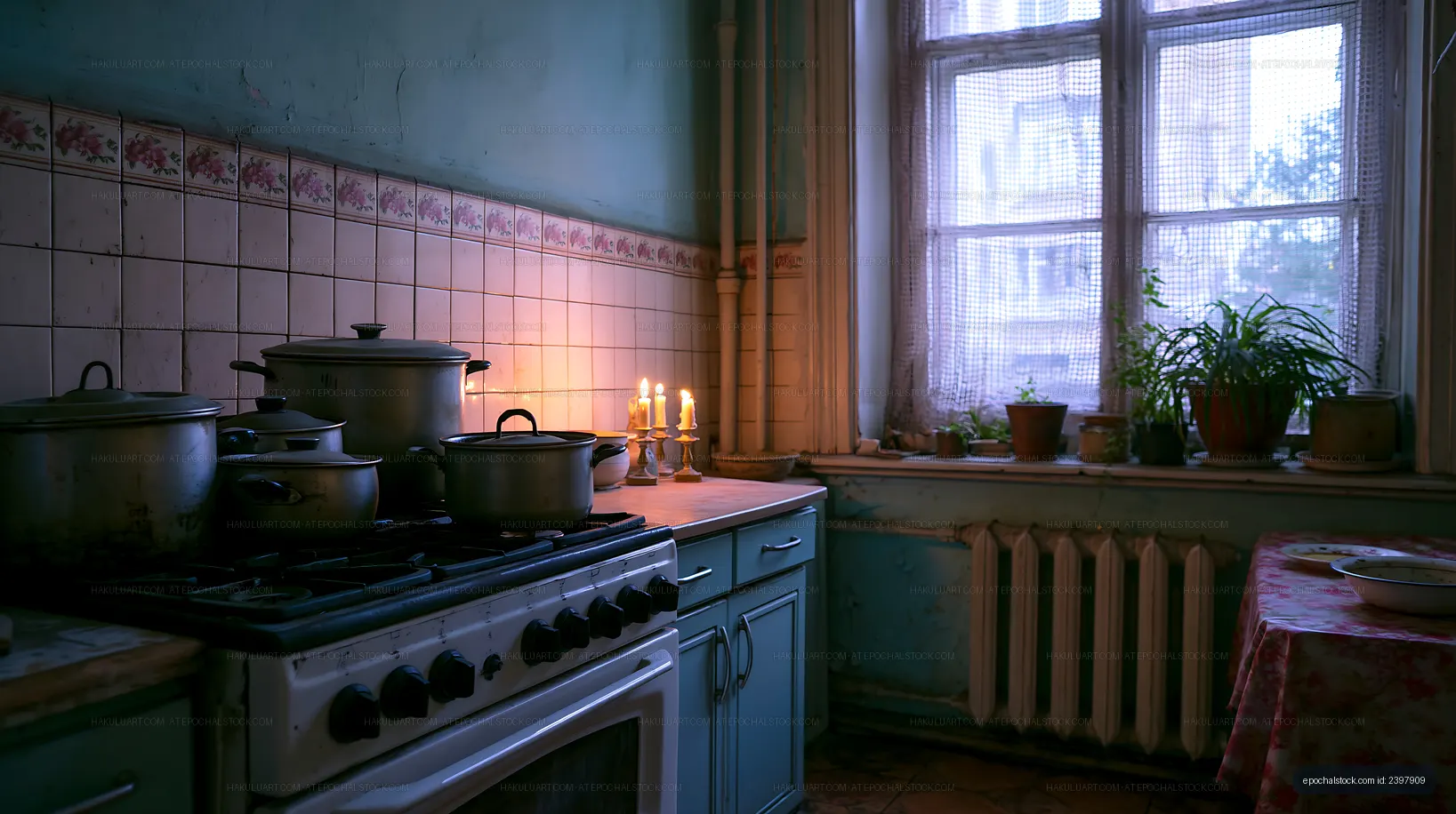 Old kitchen with pots and candles at dusk
