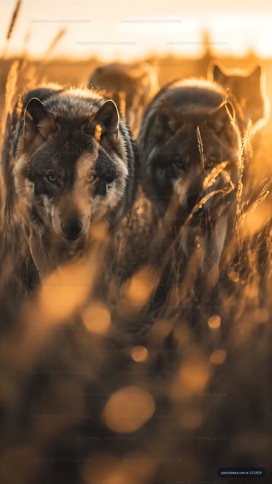 Wolves walking through tall grass at sunset in a natural setting