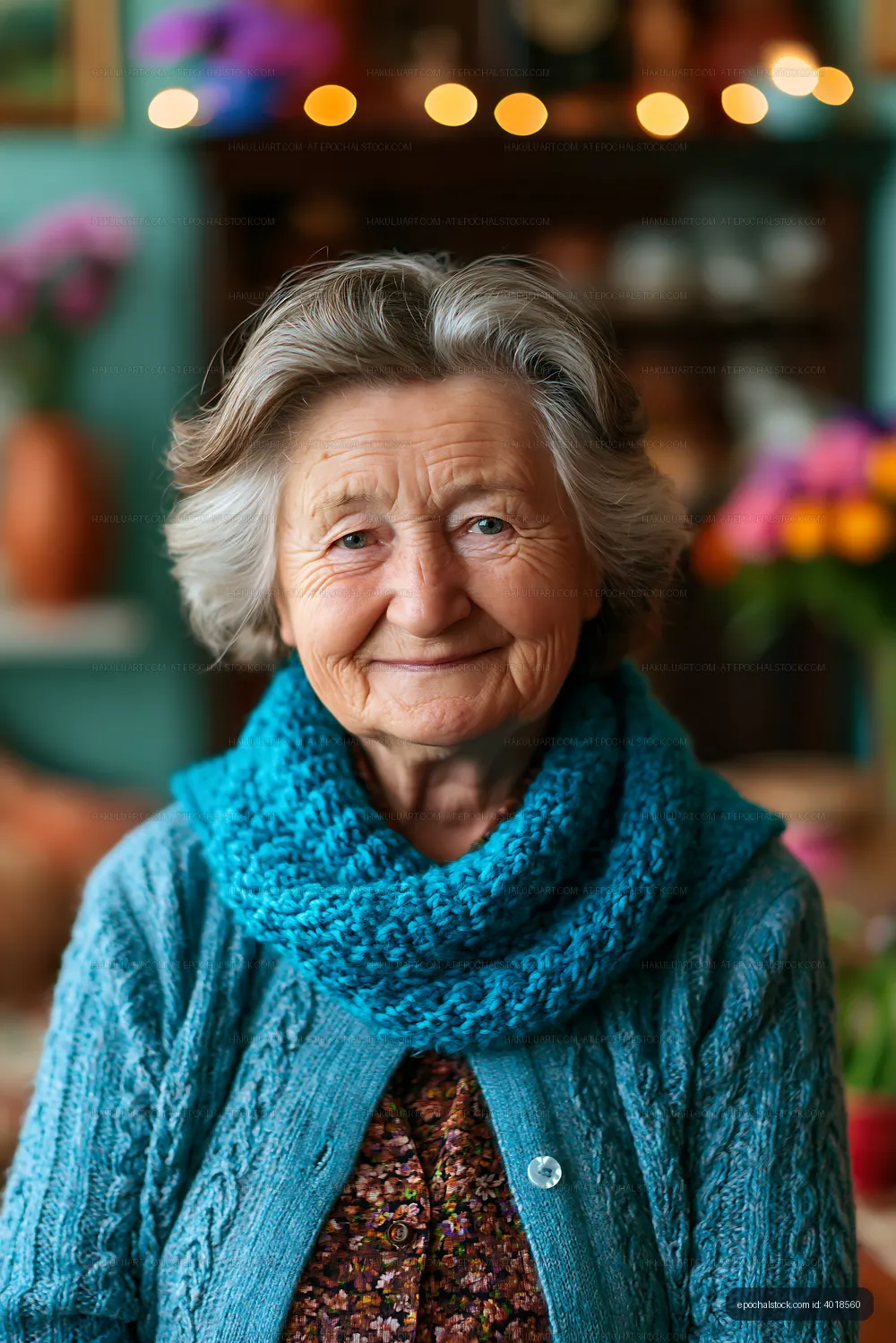 Smiling elderly woman with gray hair and blue scarf indoors